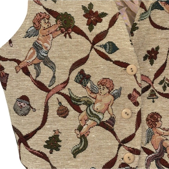 Vintage Facets Cherub Santa Christmas Holiday Vest Tan Women’s M Tree 90’a Y2K - Picture 13 of 15